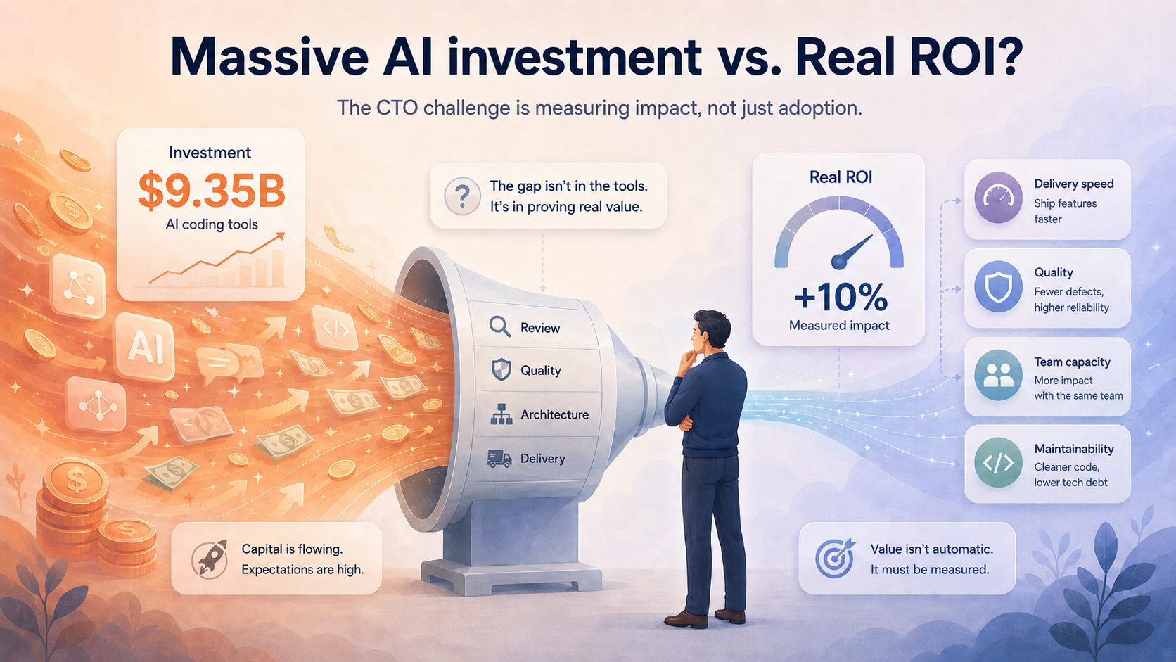 The investment boom in AI coding tools alongside the question of whether it translates to real engineering performance